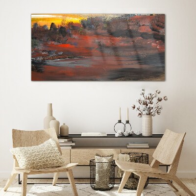 Glasbild Sonnenuntergang über einer Vulkanlandschaft