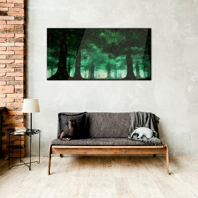 Glasbild Grüner Wald im nebligen Licht
