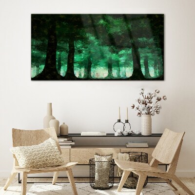 Glasbild Grüner Wald im nebligen Licht