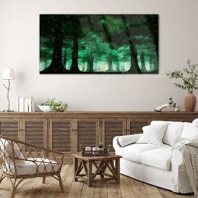 Glasbild Grüner Wald im nebligen Licht