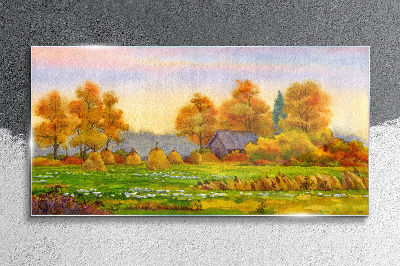 Glasbild Herbstdorf mit Obstgarten und Stapeln