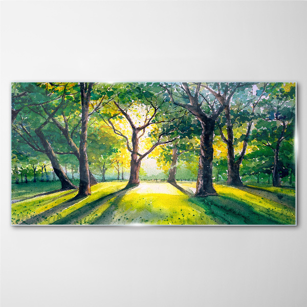 Glasbild Goldene Strahlen im Waldhain