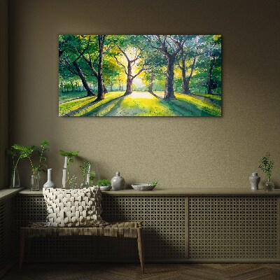 Glasbild Goldene Strahlen im Waldhain