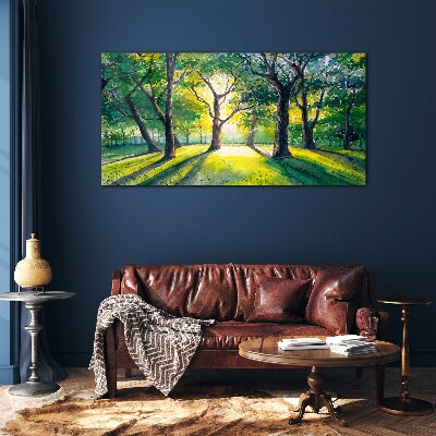 Glasbild Goldene Strahlen im Waldhain