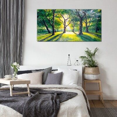 Glasbild Goldene Strahlen im Waldhain