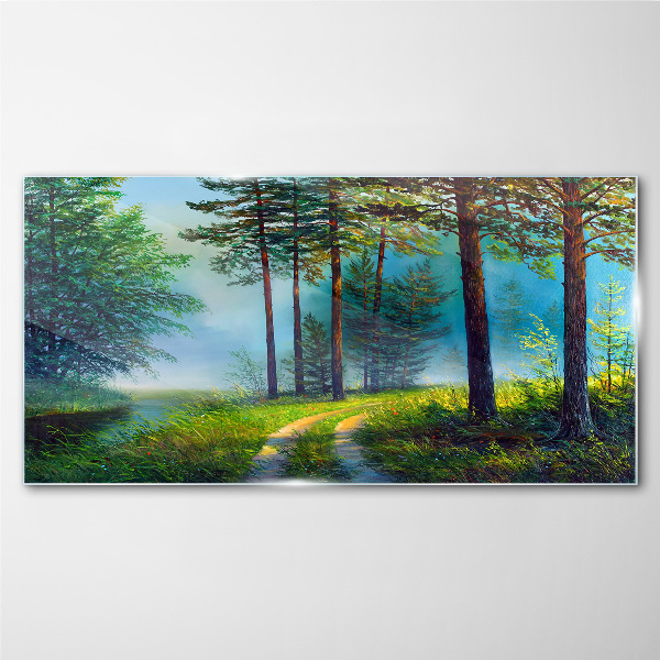 Glasbild Waldweg im Morgennebel