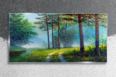 Glasbild Waldweg im Morgennebel
