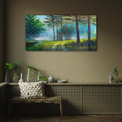 Glasbild Waldweg im Morgennebel