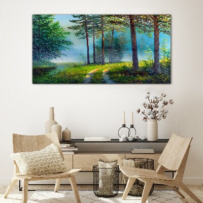 Glasbild Waldweg im Morgennebel