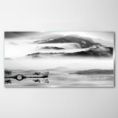 Glasbild Nebliges Bergpanorama