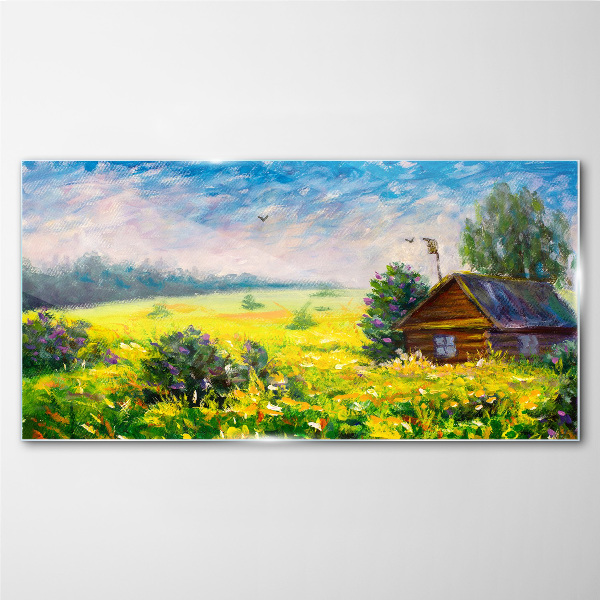 Glasbild Sommerlandschaften mit einem Häuschen im Feld