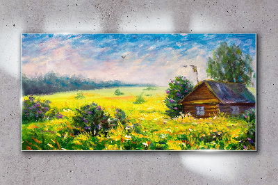 Glasbild Sommerlandschaften mit einem Häuschen im Feld