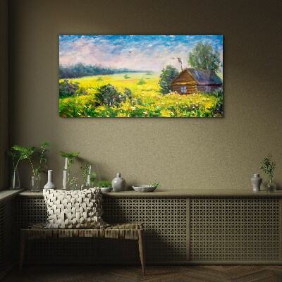 Glasbild Sommerlandschaften mit einem Häuschen im Feld