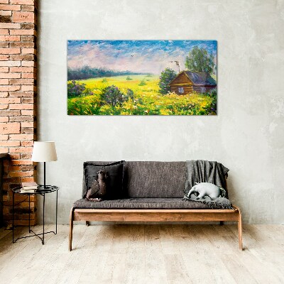 Glasbild Sommerlandschaften mit einem Häuschen im Feld