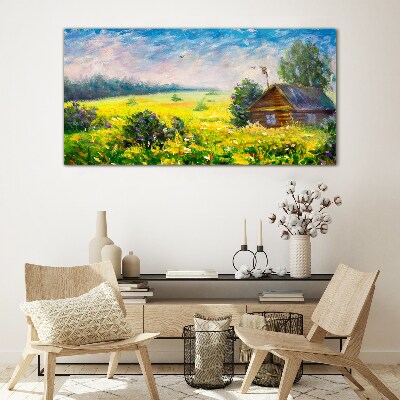 Glasbild Sommerlandschaften mit einem Häuschen im Feld