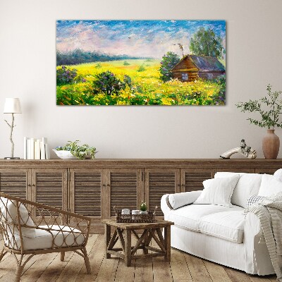Glasbild Sommerlandschaften mit einem Häuschen im Feld