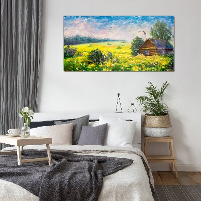 Glasbild Sommerlandschaften mit einem Häuschen im Feld