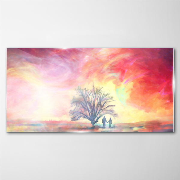 Glasbild Romantischer Sonnenuntergang unter dem Baum