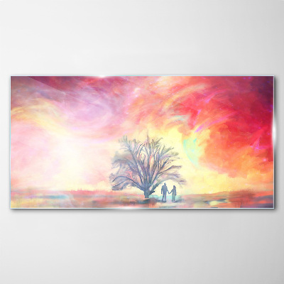 Glasbild Romantischer Sonnenuntergang unter dem Baum