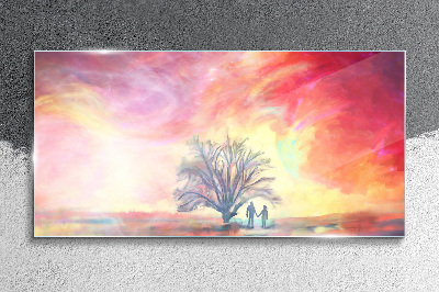Glasbild Romantischer Sonnenuntergang unter dem Baum
