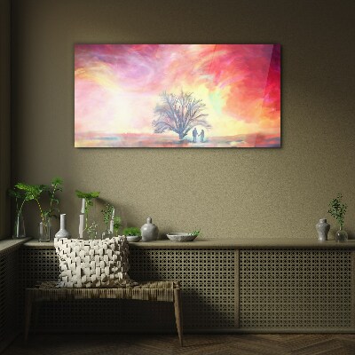 Glasbild Romantischer Sonnenuntergang unter dem Baum