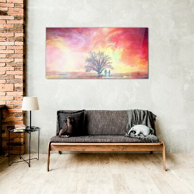 Glasbild Romantischer Sonnenuntergang unter dem Baum