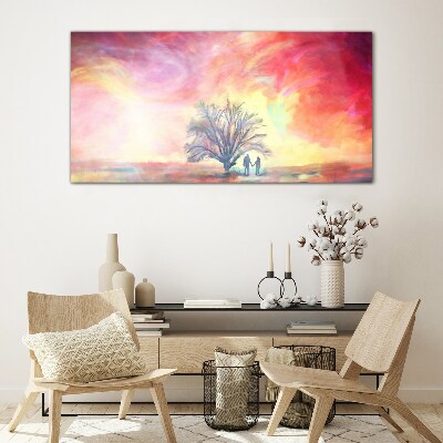 Glasbild Romantischer Sonnenuntergang unter dem Baum