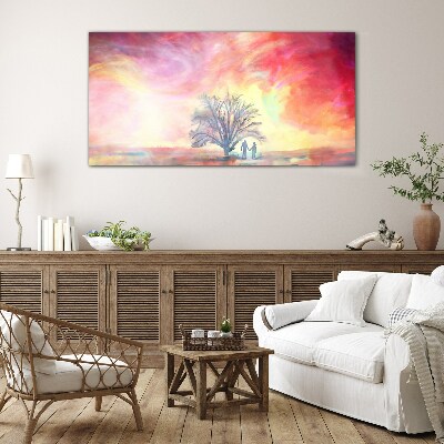Glasbild Romantischer Sonnenuntergang unter dem Baum