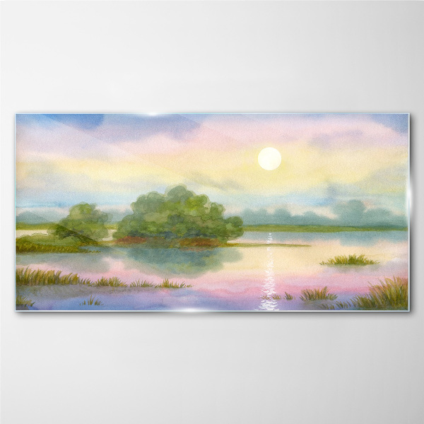 Glasbild Eine friedliche Landschaft am Wasser