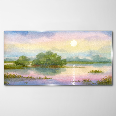 Glasbild Eine friedliche Landschaft am Wasser