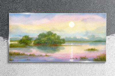 Glasbild Eine friedliche Landschaft am Wasser