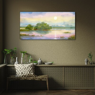 Glasbild Eine friedliche Landschaft am Wasser
