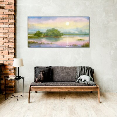 Glasbild Eine friedliche Landschaft am Wasser