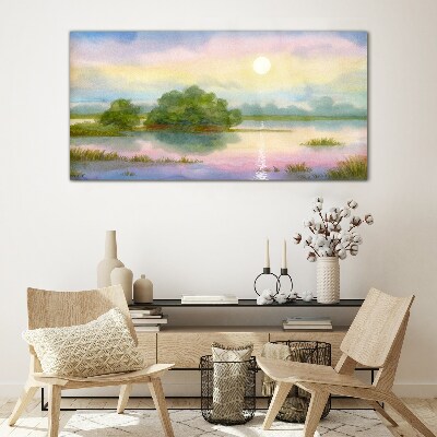 Glasbild Eine friedliche Landschaft am Wasser