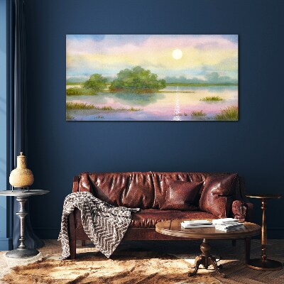 Glasbild Eine friedliche Landschaft am Wasser