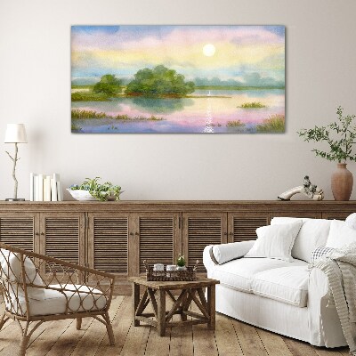 Glasbild Eine friedliche Landschaft am Wasser