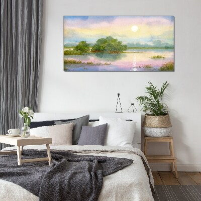 Glasbild Eine friedliche Landschaft am Wasser