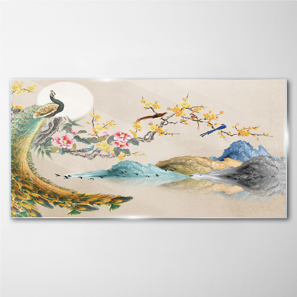 Glasbild Pfau in blühender Landschaft