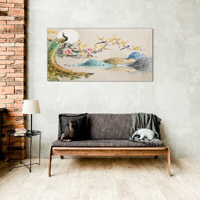 Glasbild Pfau in blühender Landschaft