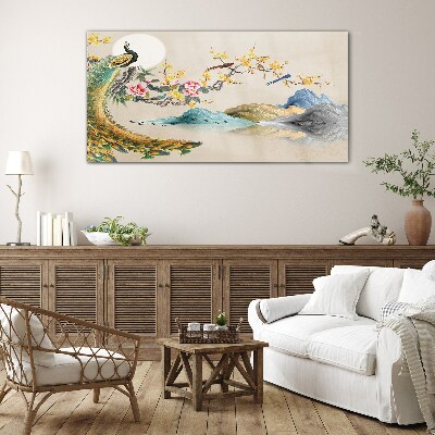 Glasbild Pfau in blühender Landschaft