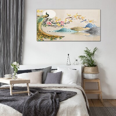 Glasbild Pfau in blühender Landschaft