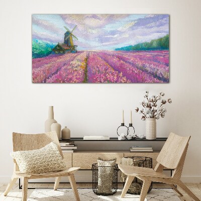 Foto auf glas Blumenlandschaft mit Windmühle