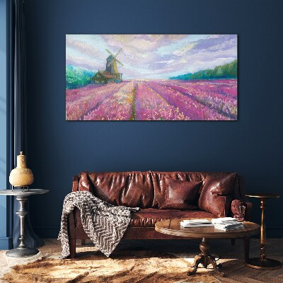 Foto auf glas Blumenlandschaft mit Windmühle