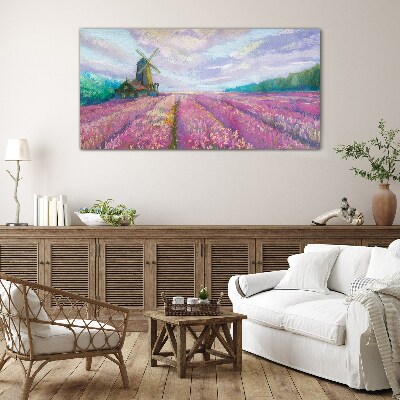 Foto auf glas Blumenlandschaft mit Windmühle