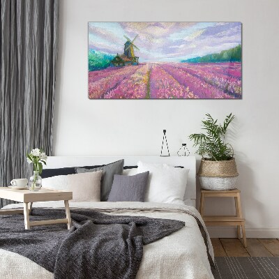 Foto auf glas Blumenlandschaft mit Windmühle