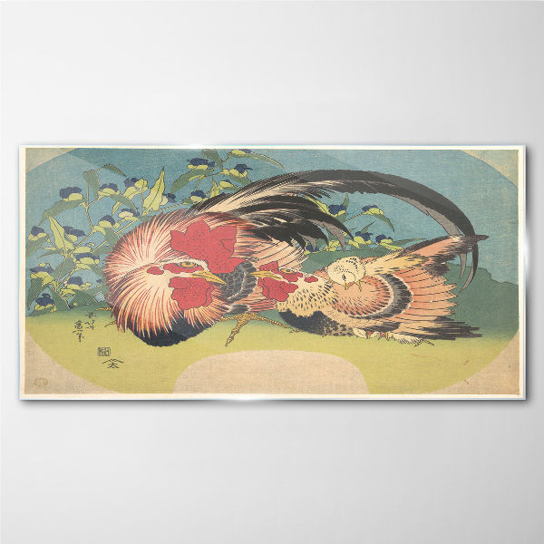 Glasbild Hahn und Huhn im Garten