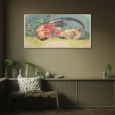 Glasbild Hahn und Huhn im Garten