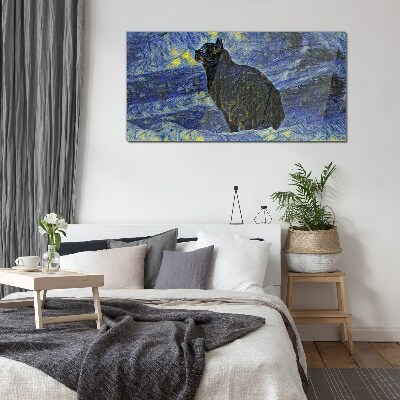 Glasbild Katze im Nachthimmel