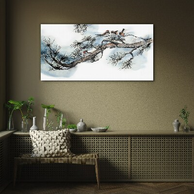 Glasbild Friedlicher Zweig mit Vögeln