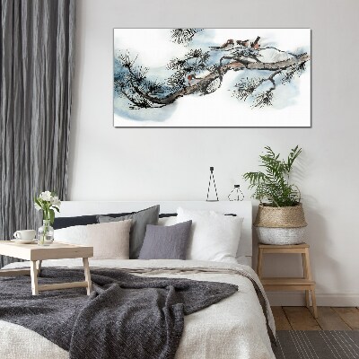 Glasbild Friedlicher Zweig mit Vögeln